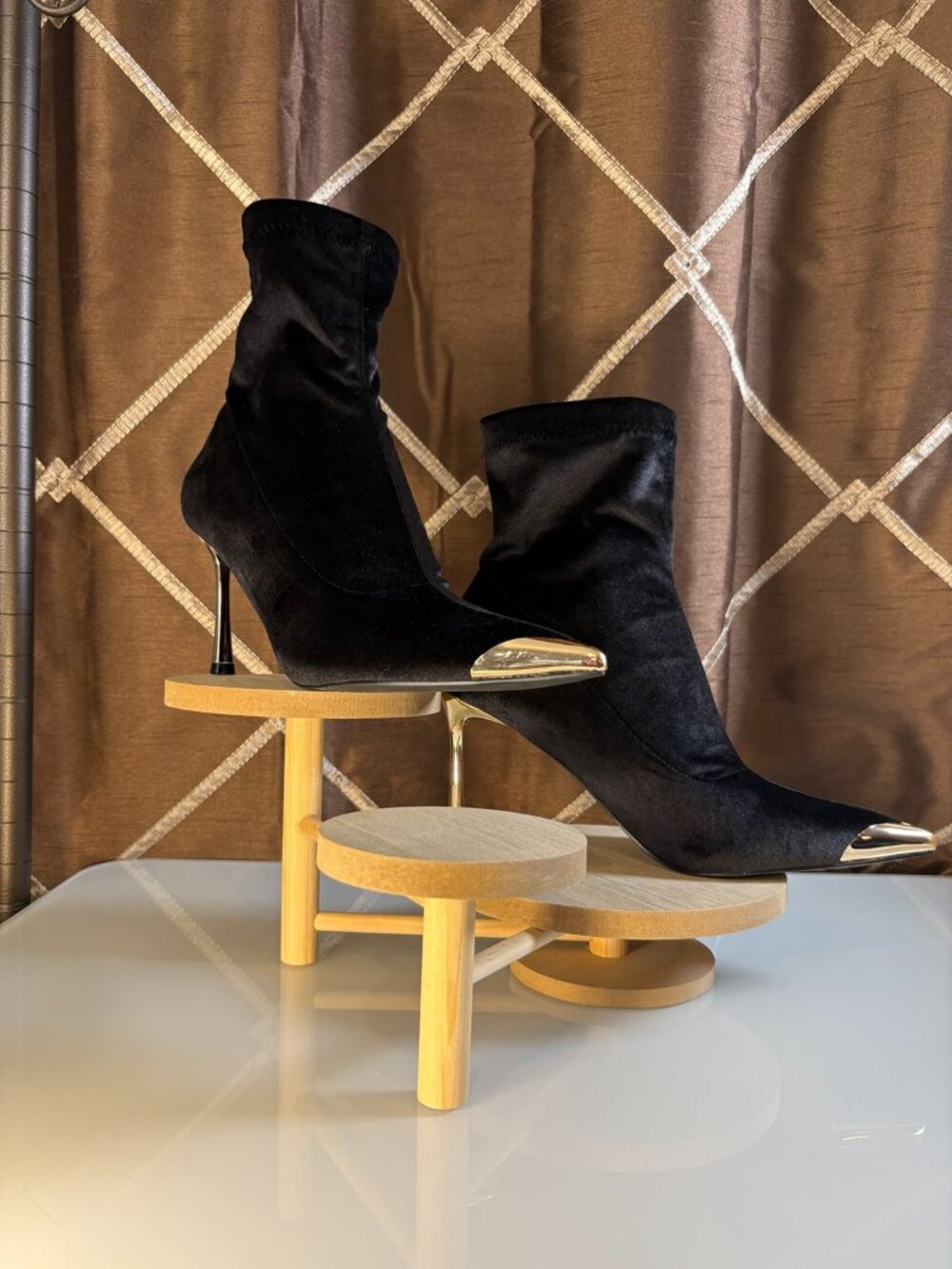 Newbella Black Velvet Sock Ankle Boots Gold Toe Stiletto Heels Size 6.5